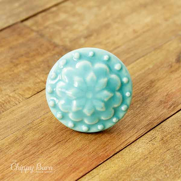 Blue - Turquoisey Ceramic Circle Flower design Knob (8567984777)